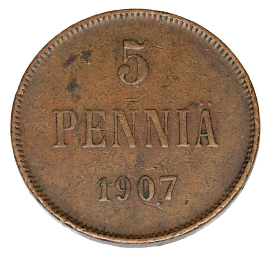 Pièce de 5 pence 1907 Nicolas II Finlande russe Helsinki
