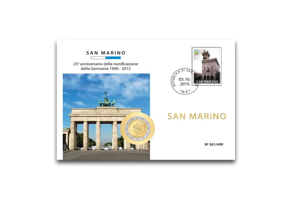 Pièce de 2 euros 2015 Saint-Marin 25 ans d'unité allemande, présentée sur le pli numismatique
