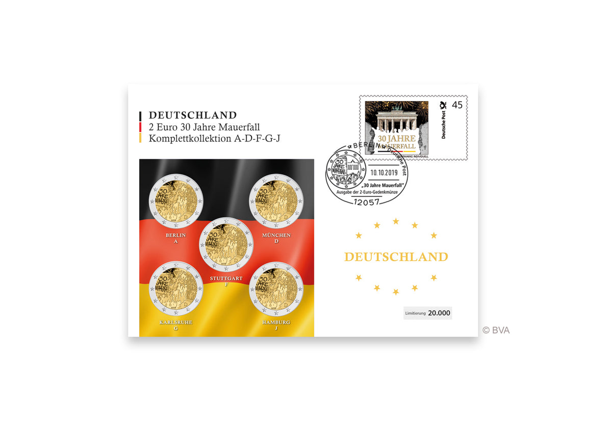 Pièce de 2 euros 2019 Allemagne 30 ans de la chute du mur de Berlin, poinçons A à J, sous enveloppe numismatique