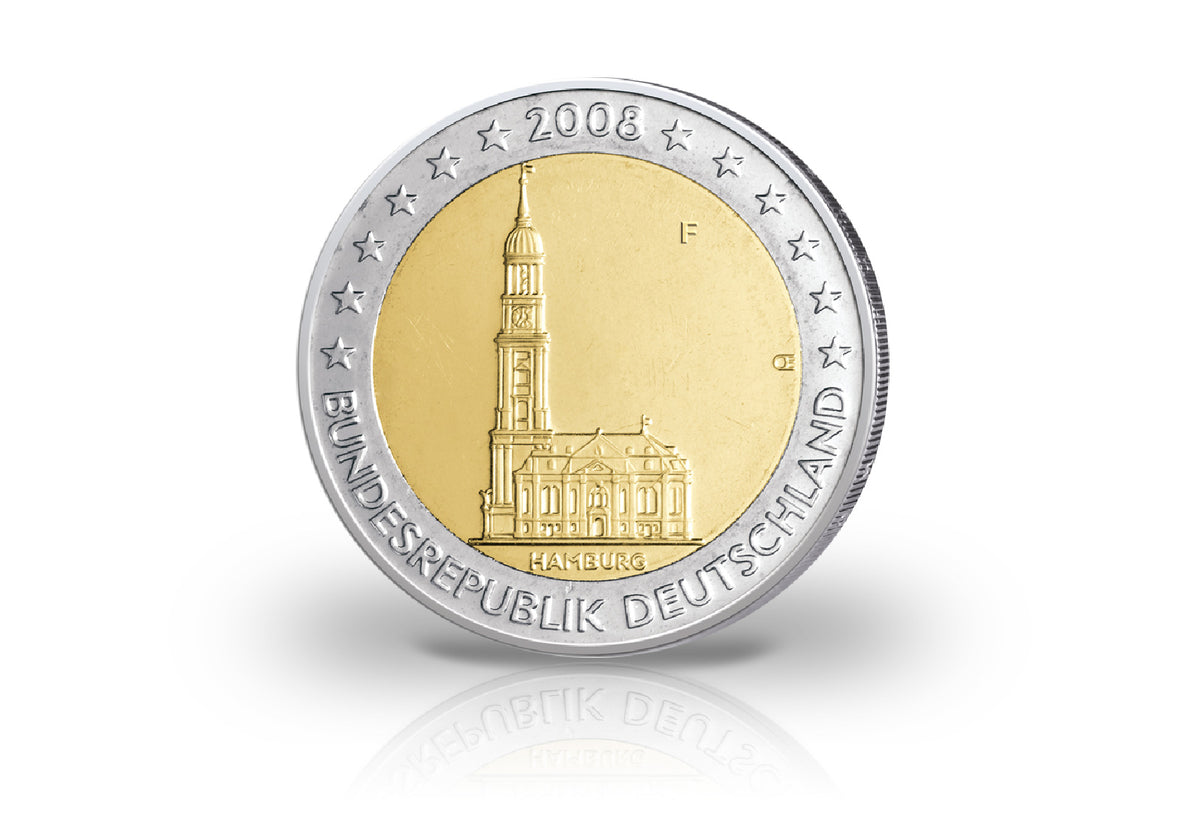 Pièce de 2 euros allemande de 2008 avec erreur de frappe, frappée à Hambourg (Michel) et ornée d'une ancienne carte de l'Europe. Marque d'atelier : F