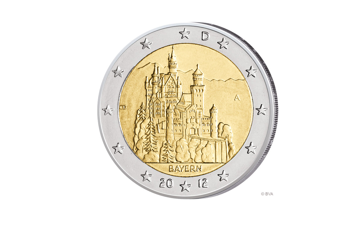 Pièce de 2 euros 2012 Allemagne Bavière Château de Neuschwanstein, atelier monétaire de notre choix
