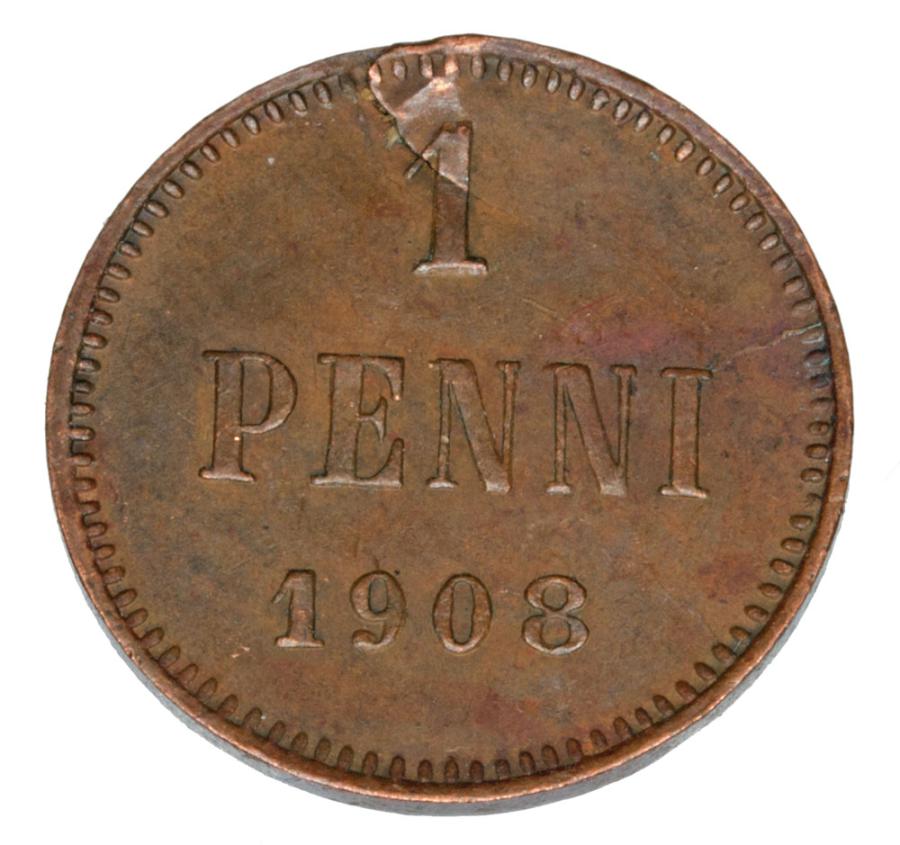 Pièce de 1 penny de 1908, Nicolas II, Finlande, occupation russe, Helsinki