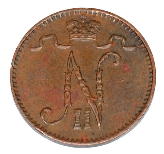 Pièce de 1 penny de 1908, Nicolas II, Finlande, occupation russe, Helsinki