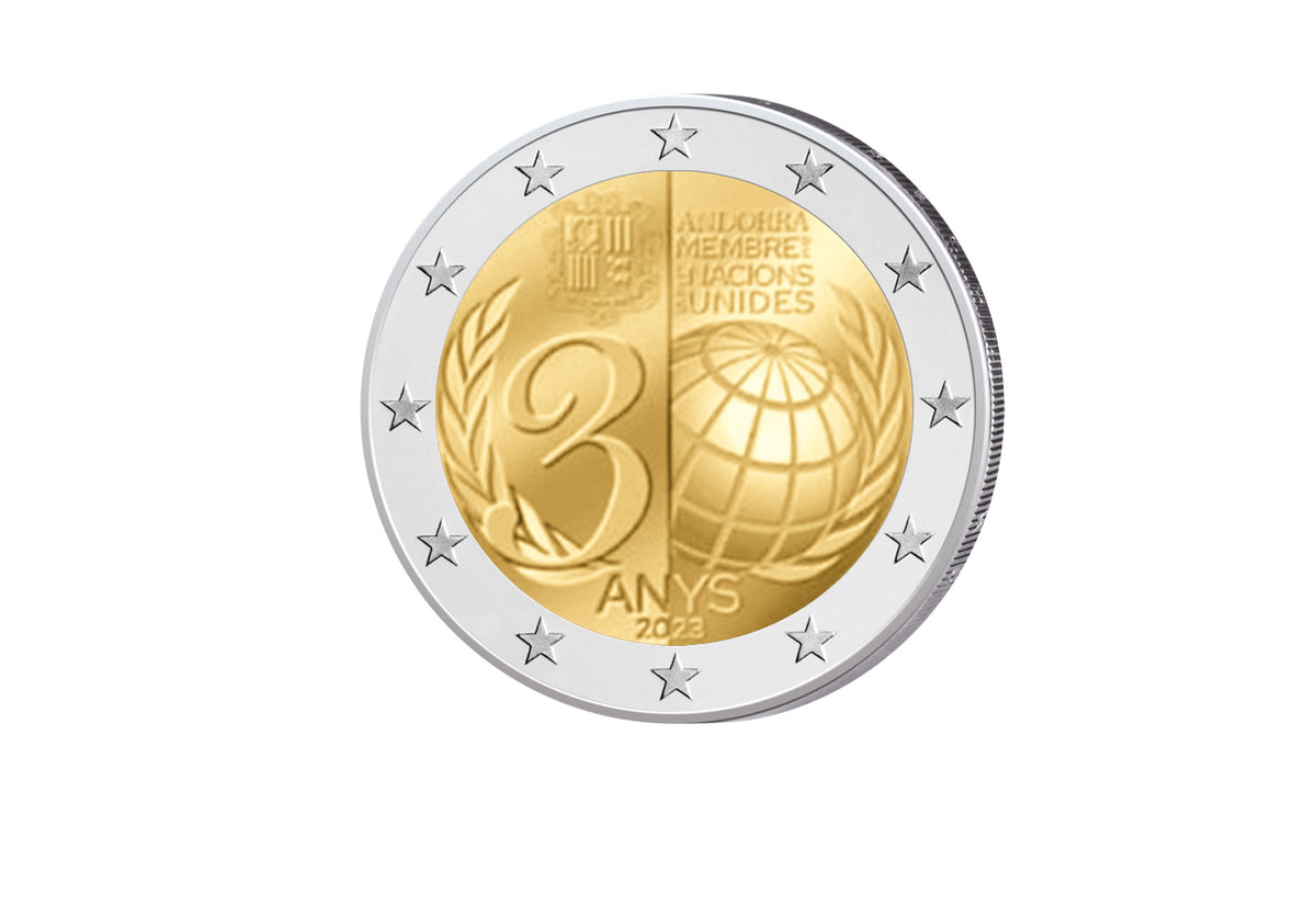 Pièce de 2 euros 2023, commémorant l'adhésion d'Andorre aux Nations Unies en 1993, émise sous forme de carte à pièces.