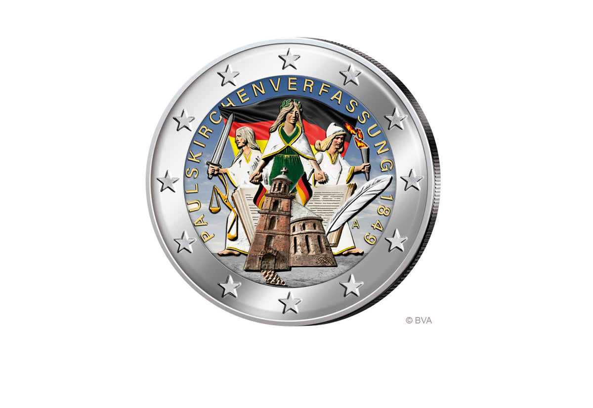 Pièce de 2 euros allemande à motif coloré commémorant les 175 ans de la Constitution de l'église Saint-Paul